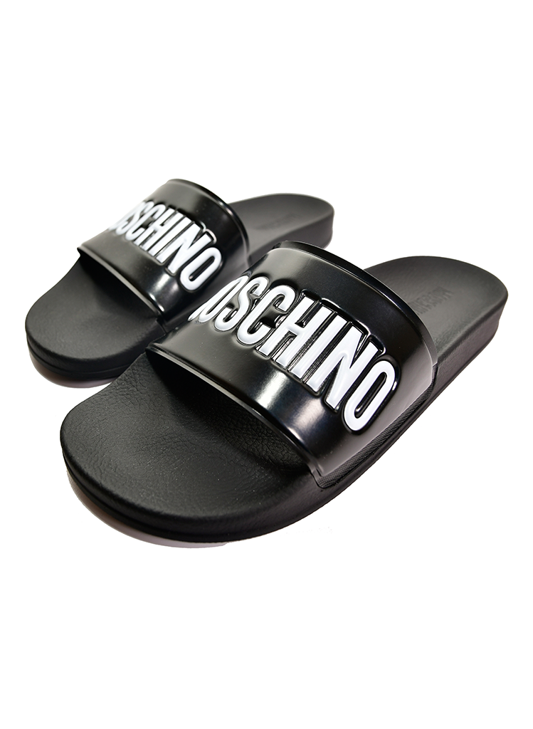 moschino logo leather slides